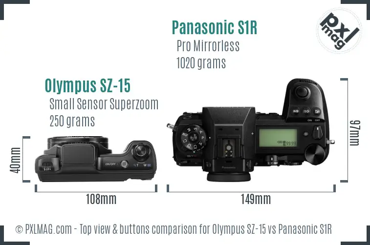 Olympus SZ-15 vs Panasonic S1R top view buttons comparison