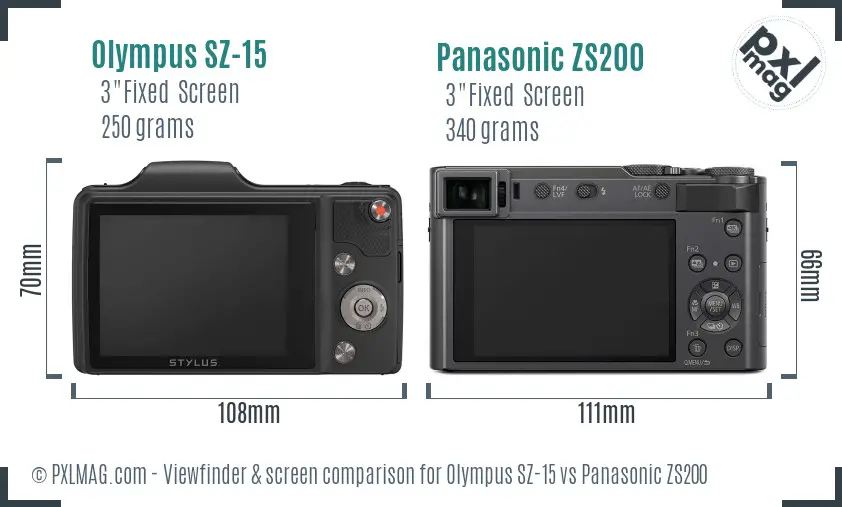 Olympus SZ-15 vs Panasonic ZS200 Screen and Viewfinder comparison