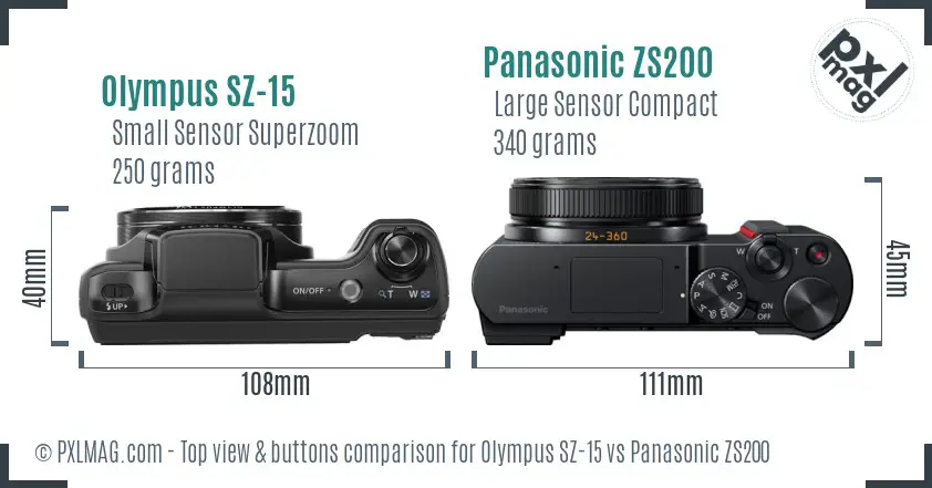 Olympus SZ-15 vs Panasonic ZS200 top view buttons comparison