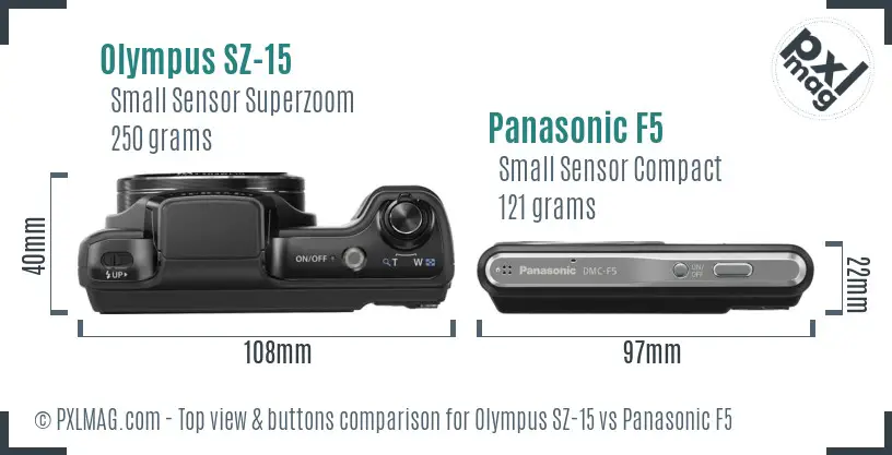 Olympus SZ-15 vs Panasonic F5 top view buttons comparison