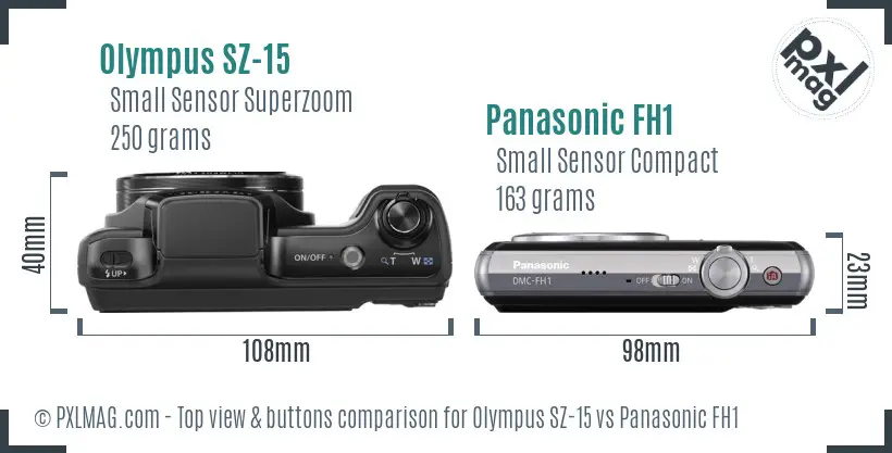 Olympus SZ-15 vs Panasonic FH1 top view buttons comparison