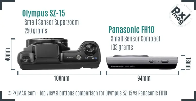 Olympus SZ-15 vs Panasonic FH10 top view buttons comparison