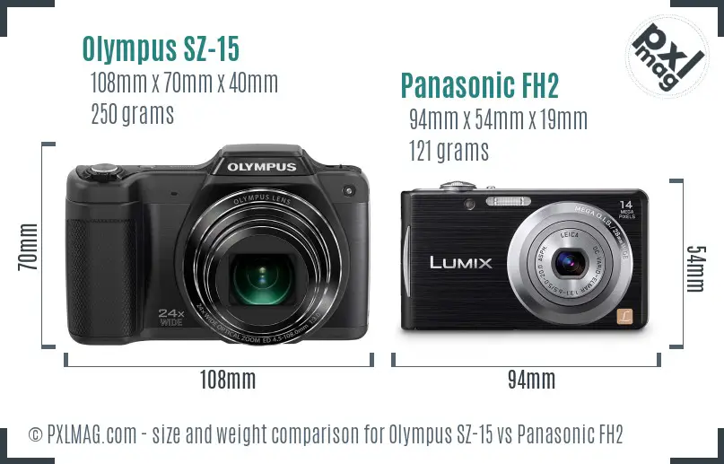 Olympus SZ-15 vs Panasonic FH2 size comparison