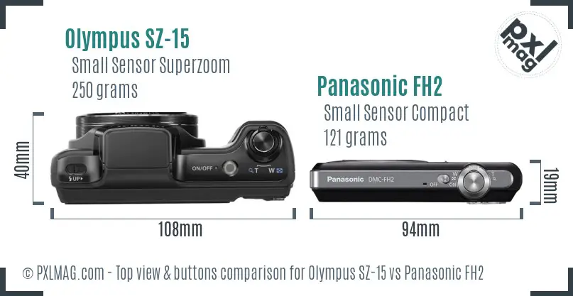 Olympus SZ-15 vs Panasonic FH2 top view buttons comparison
