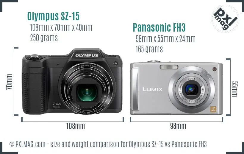 Olympus SZ-15 vs Panasonic FH3 size comparison
