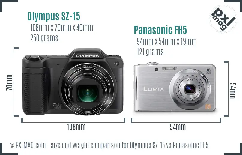 Olympus SZ-15 vs Panasonic FH5 size comparison