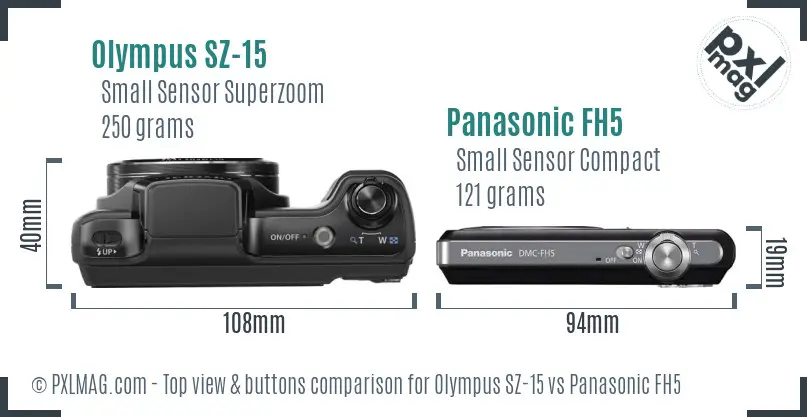Olympus SZ-15 vs Panasonic FH5 top view buttons comparison