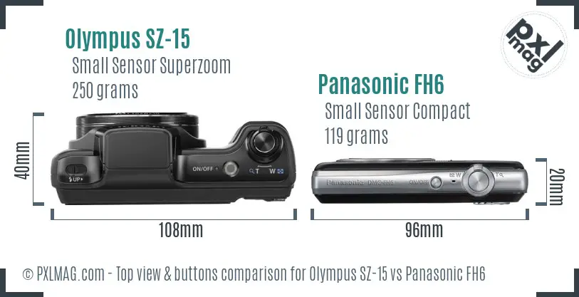 Olympus SZ-15 vs Panasonic FH6 top view buttons comparison