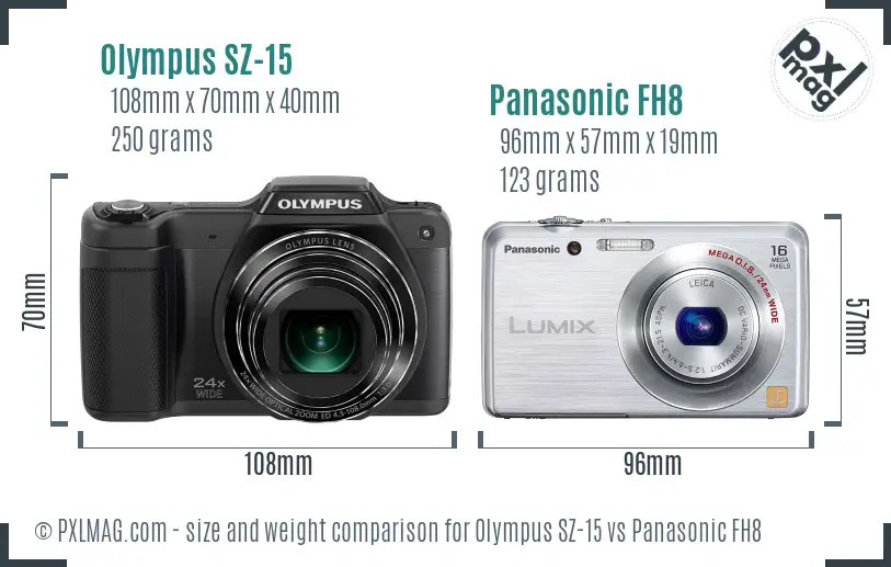 Olympus SZ-15 vs Panasonic FH8 size comparison