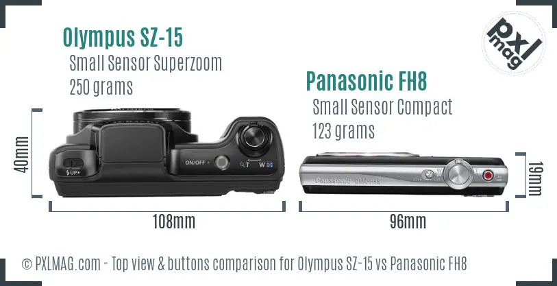 Olympus SZ-15 vs Panasonic FH8 top view buttons comparison