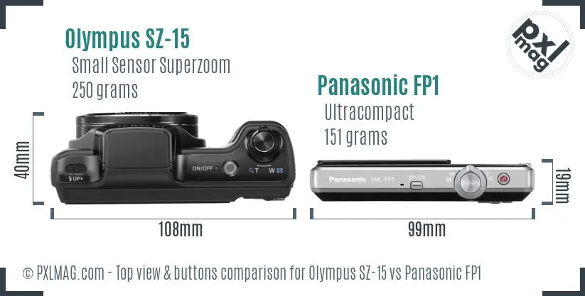 Olympus SZ-15 vs Panasonic FP1 top view buttons comparison
