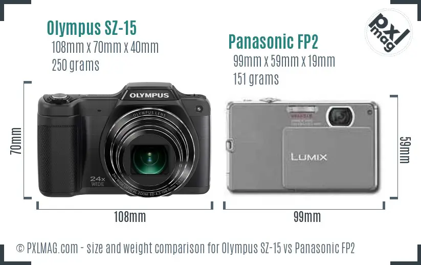 Olympus SZ-15 vs Panasonic FP2 size comparison