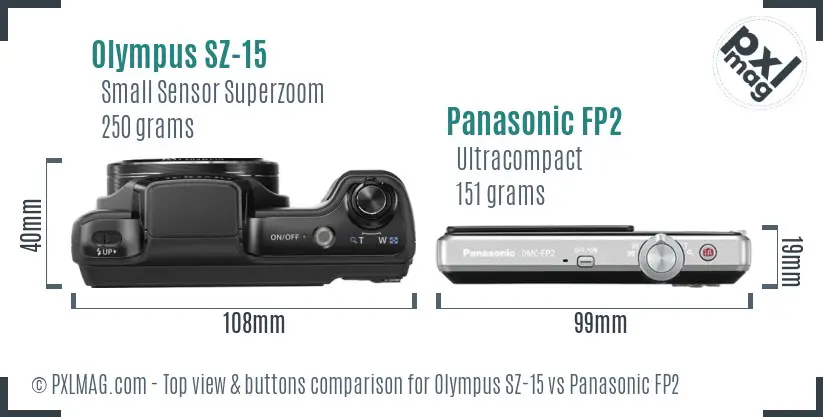 Olympus SZ-15 vs Panasonic FP2 top view buttons comparison