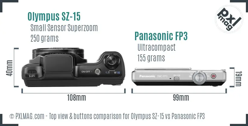 Olympus SZ-15 vs Panasonic FP3 top view buttons comparison