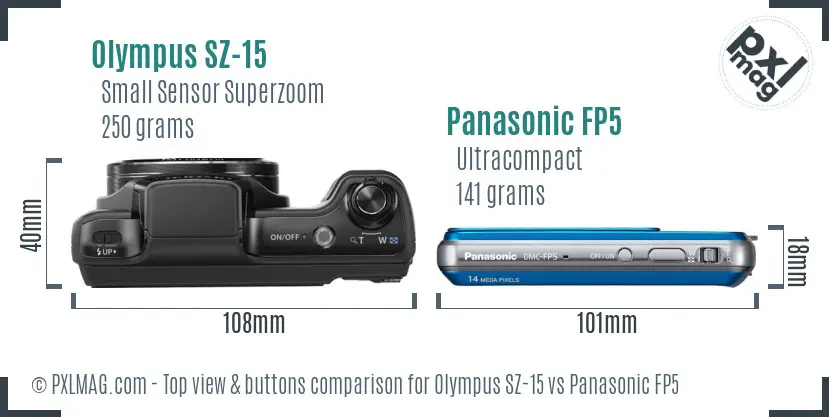 Olympus SZ-15 vs Panasonic FP5 top view buttons comparison