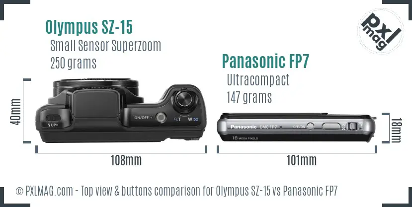 Olympus SZ-15 vs Panasonic FP7 top view buttons comparison