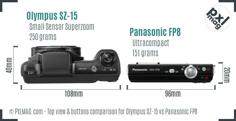 Olympus SZ-15 vs Panasonic FP8 top view buttons comparison