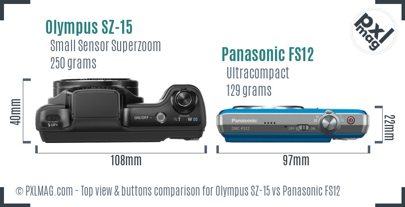 Olympus SZ-15 vs Panasonic FS12 top view buttons comparison