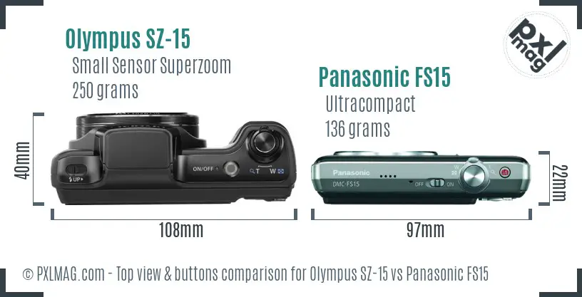 Olympus SZ-15 vs Panasonic FS15 top view buttons comparison