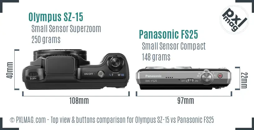 Olympus SZ-15 vs Panasonic FS25 top view buttons comparison