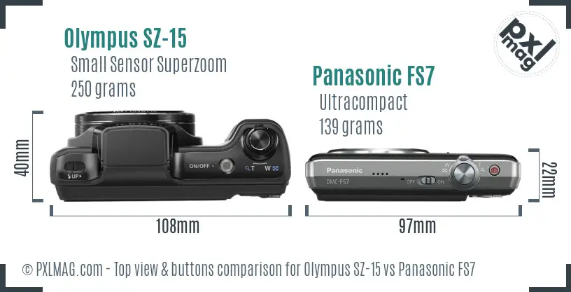 Olympus SZ-15 vs Panasonic FS7 top view buttons comparison