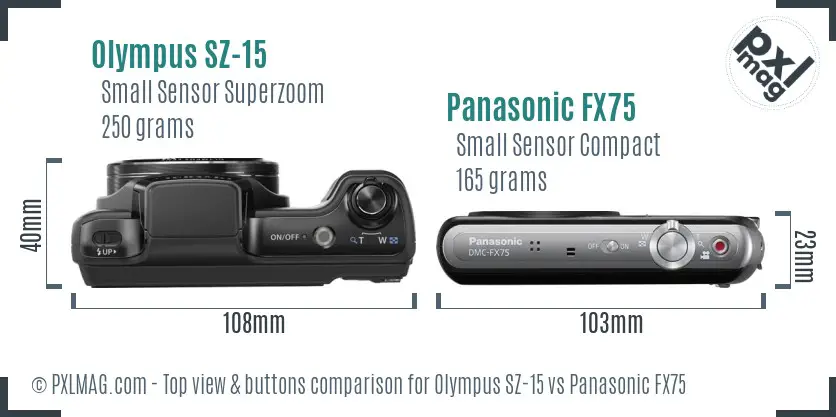 Olympus SZ-15 vs Panasonic FX75 top view buttons comparison