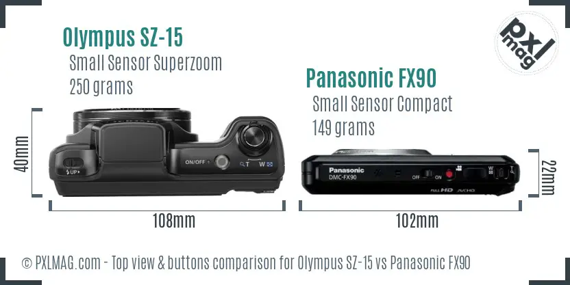 Olympus SZ-15 vs Panasonic FX90 top view buttons comparison
