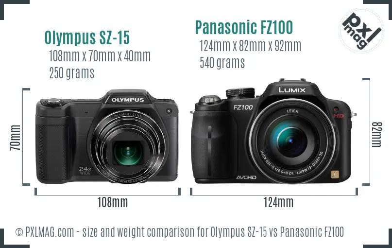 Olympus SZ-15 vs Panasonic FZ100 size comparison