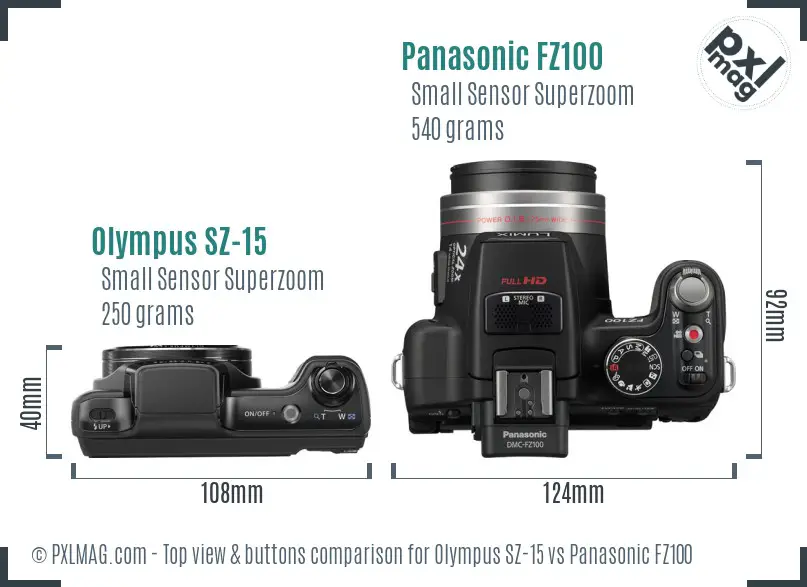 Olympus SZ-15 vs Panasonic FZ100 top view buttons comparison