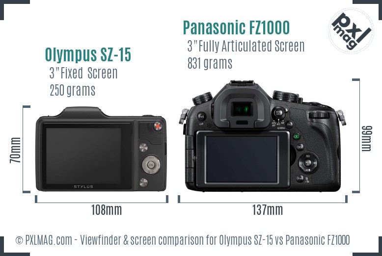 Olympus SZ-15 vs Panasonic FZ1000 Screen and Viewfinder comparison