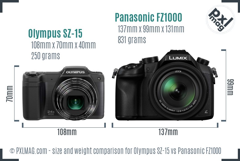 Olympus SZ-15 vs Panasonic FZ1000 size comparison Olympus SZ-15 vs Panasonic FZ1000 size comparison