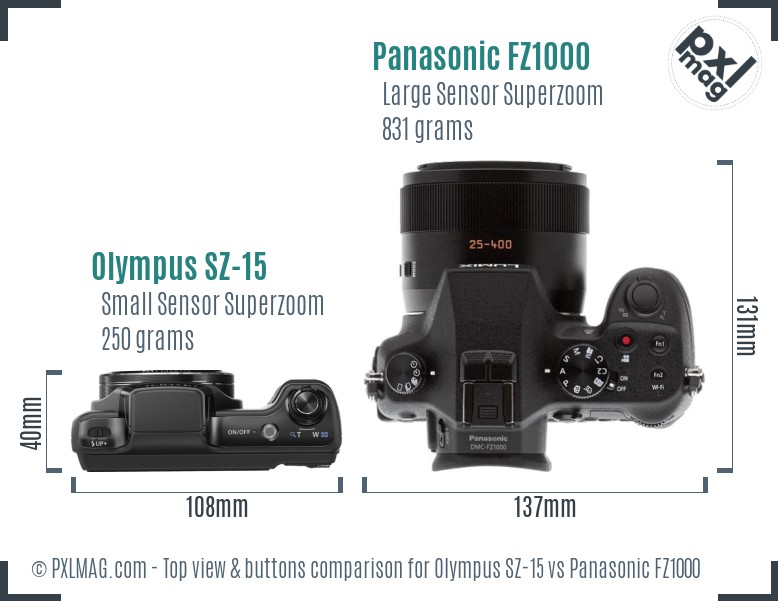 Olympus SZ-15 vs Panasonic FZ1000 top view buttons comparison