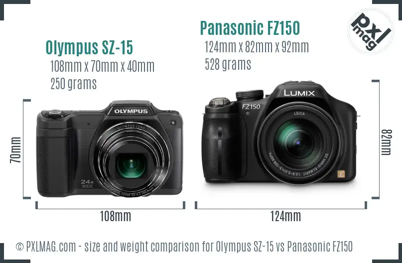 Olympus SZ-15 vs Panasonic FZ150 size comparison Olympus SZ-15 vs Panasonic FZ150 size comparison