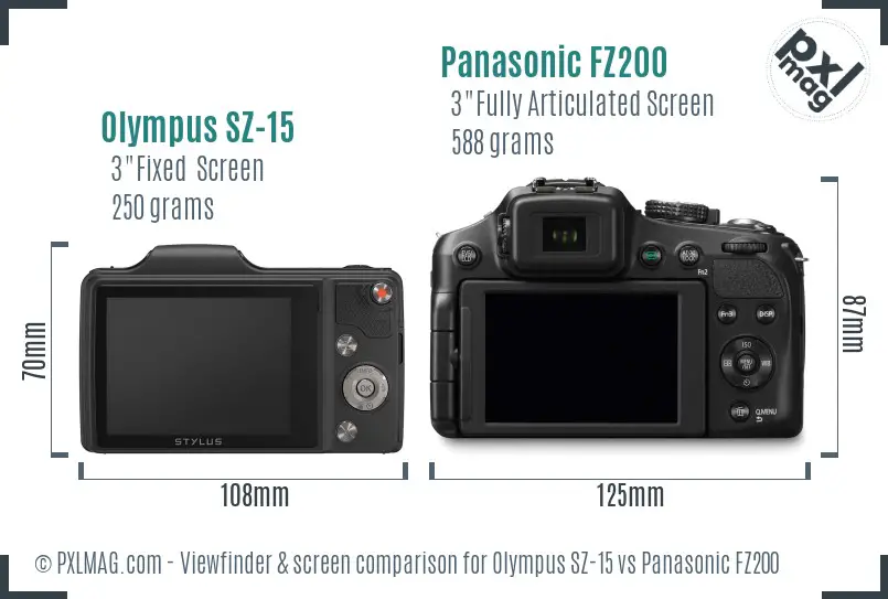 Olympus SZ-15 vs Panasonic FZ200 Screen and Viewfinder comparison
