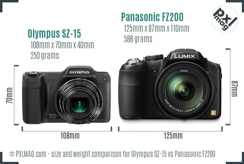 Olympus SZ-15 vs Panasonic FZ200 size comparison