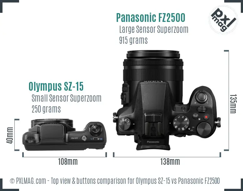 Olympus SZ-15 vs Panasonic FZ2500 top view buttons comparison