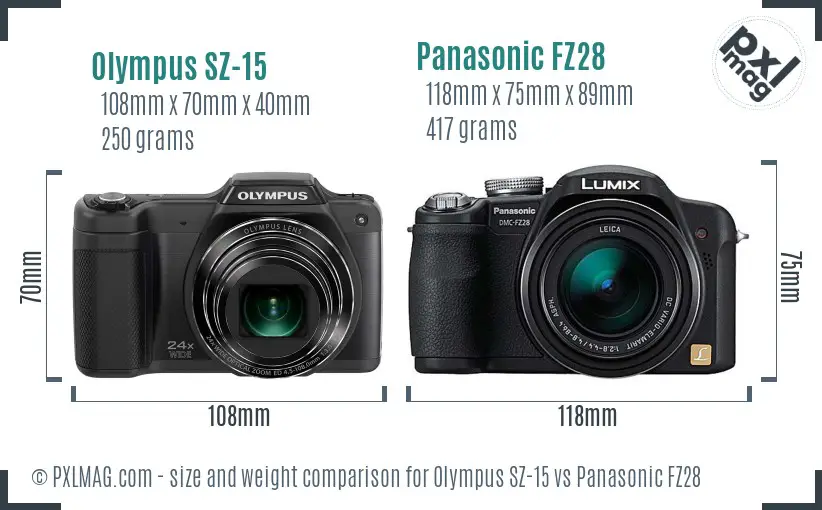 Olympus SZ-15 vs Panasonic FZ28 size comparison Olympus SZ-15 vs Panasonic FZ28 size comparison
