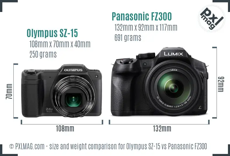 Olympus SZ-15 vs Panasonic FZ300 size comparison