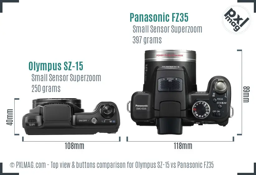 Olympus SZ-15 vs Panasonic FZ35 top view buttons comparison Olympus SZ-15 vs Panasonic FZ35 top view buttons comparison