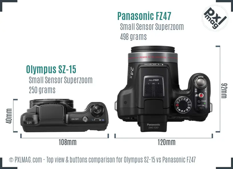 Olympus SZ-15 vs Panasonic FZ47 top view buttons comparison