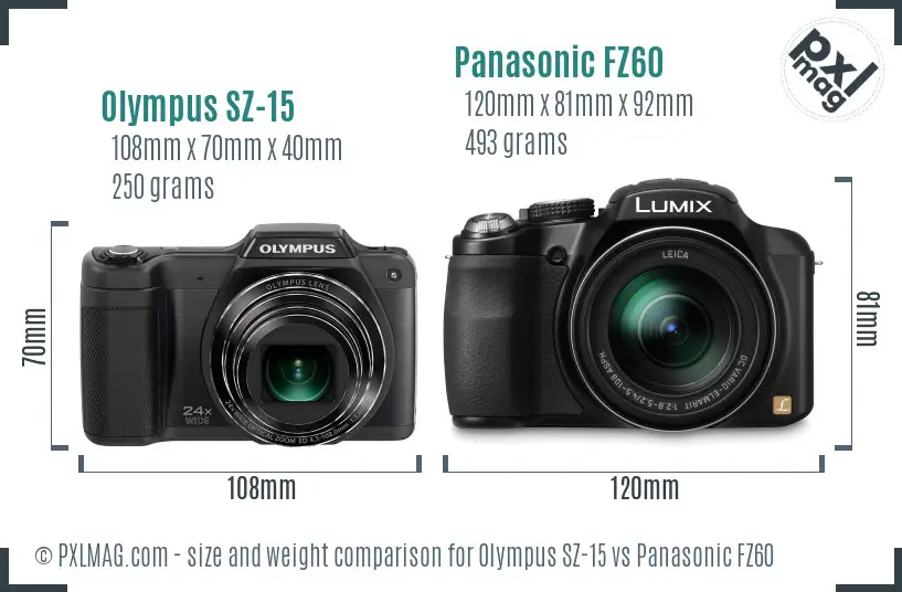 Olympus SZ-15 vs Panasonic FZ60 size comparison