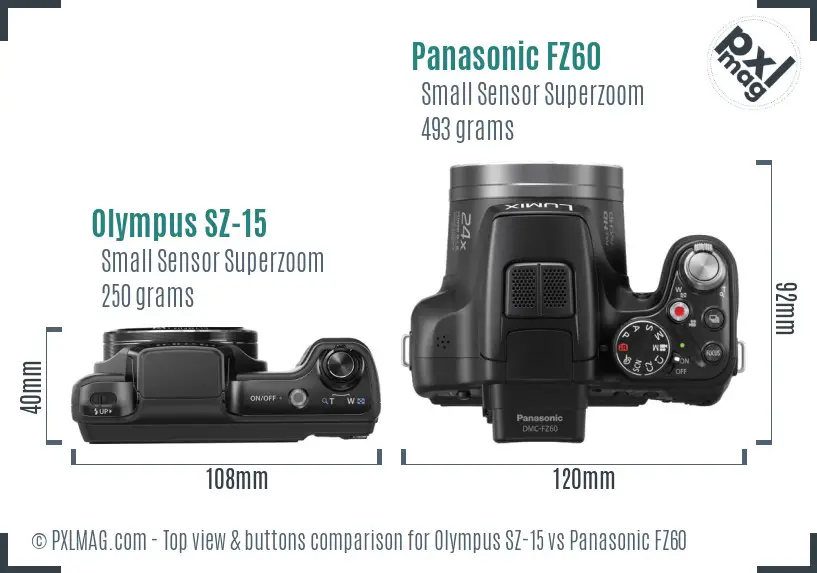 Olympus SZ-15 vs Panasonic FZ60 top view buttons comparison