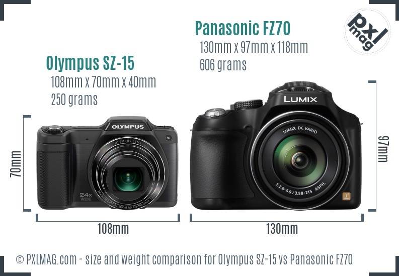 Olympus SZ-15 vs Panasonic FZ70 size comparison