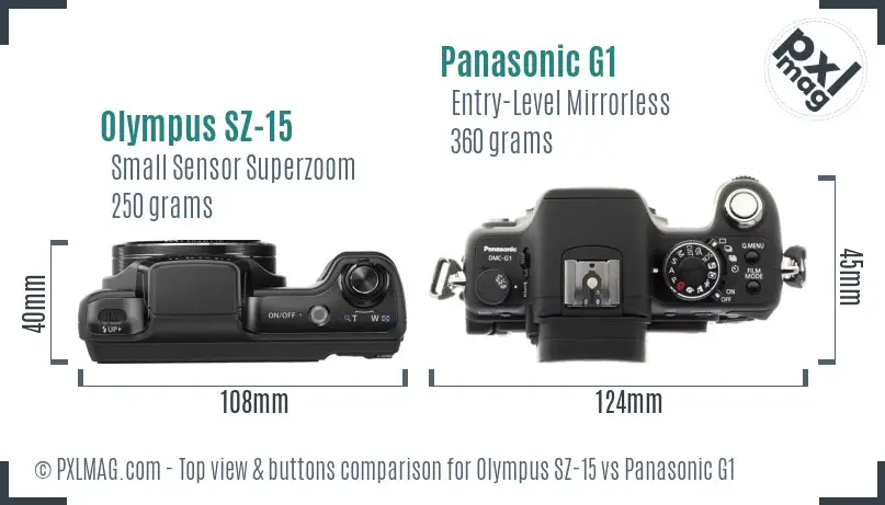 Olympus SZ-15 vs Panasonic G1 top view buttons comparison Olympus SZ-15 vs Panasonic G1 top view buttons comparison