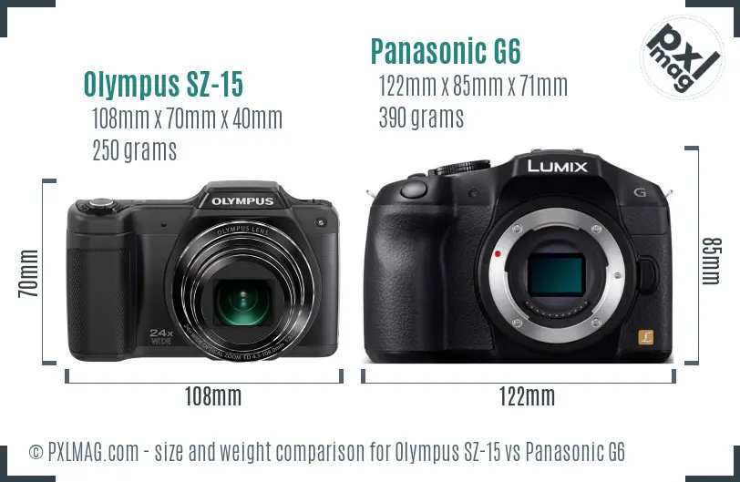 Olympus SZ-15 vs Panasonic G6 size comparison