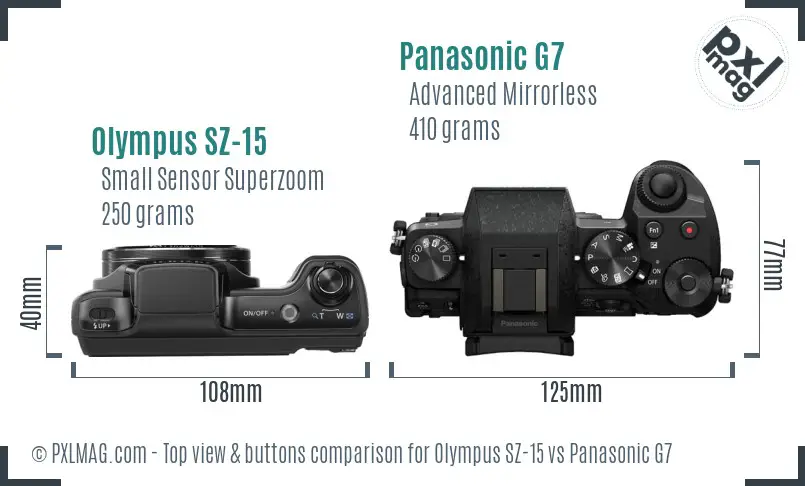 Olympus SZ-15 vs Panasonic G7 top view buttons comparison
