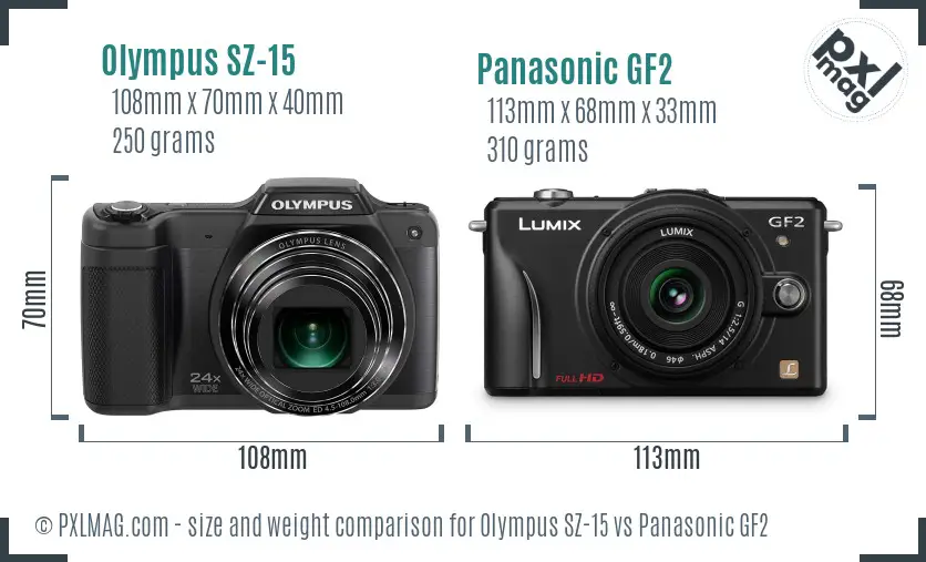 Olympus SZ-15 vs Panasonic GF2 size comparison Olympus SZ-15 vs Panasonic GF2 size comparison
