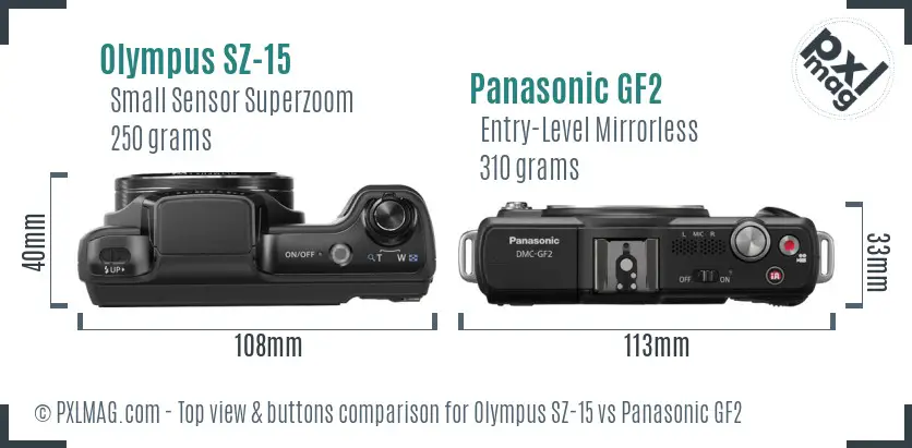 Olympus SZ-15 vs Panasonic GF2 top view buttons comparison Olympus SZ-15 vs Panasonic GF2 top view buttons comparison