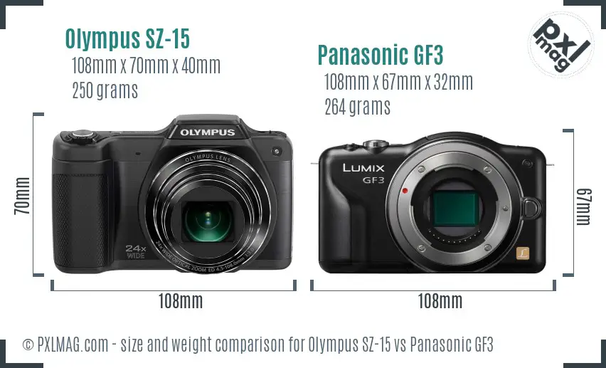 Olympus SZ-15 vs Panasonic GF3 size comparison