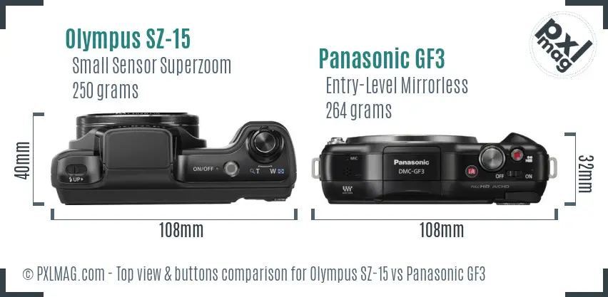 Olympus SZ-15 vs Panasonic GF3 top view buttons comparison